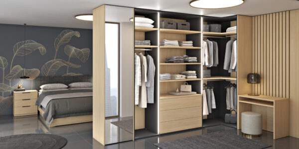 Open built-in wardrobe with a mirror and a dressing corner, offering a wide choice of colors and full coordination with Alples furniture.